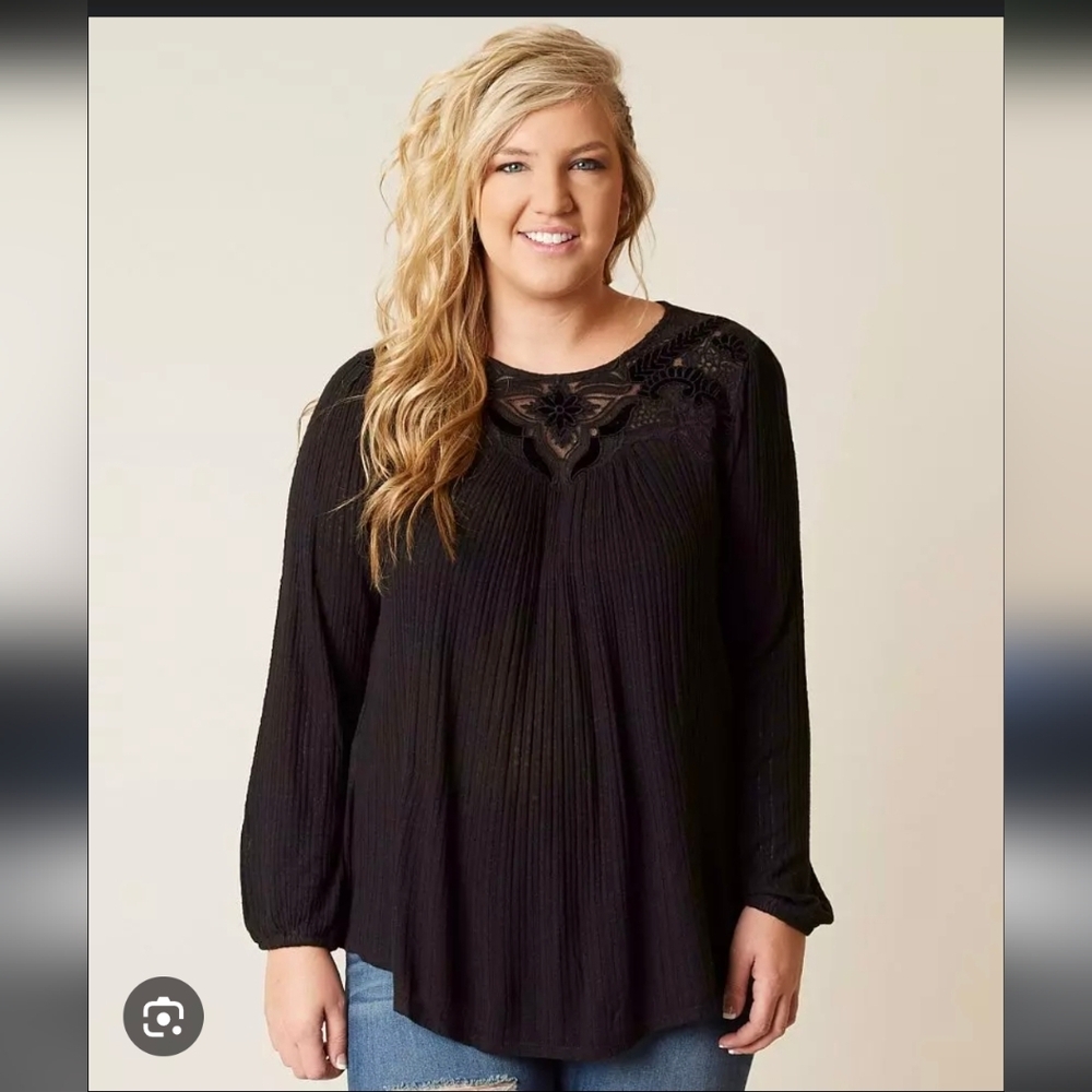 Lucky Brand Black Lace Accent Top Mesh Swing Thermal Dark Bohemian XL